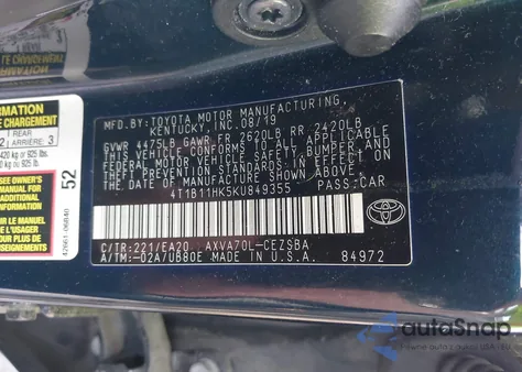 2019 Toyota Camry Le/Xle z USA, uszkodzony, nr VIN 4T1B11HK5KU849355